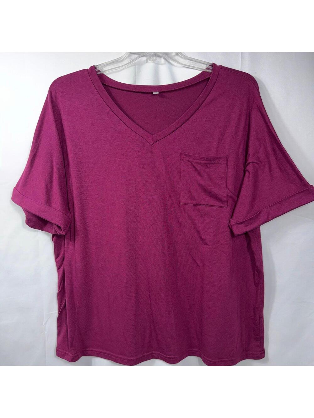 Womens XL Magenta V Neck Pocket Tee Rolled Sleeve Stretch Casual Top